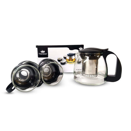 Set de Tetera de vidrio con Cuatro Tazas Color Negro - TRESSO® 