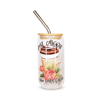 Vaso de cristal sublimado diferentes diseños coffee lovers 320 ml con popote