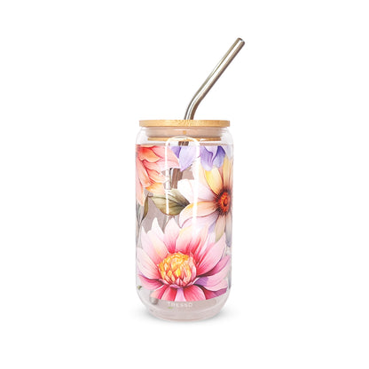 Vaso de cristal sublimado con diferentes diseños florales 320 ml con popote