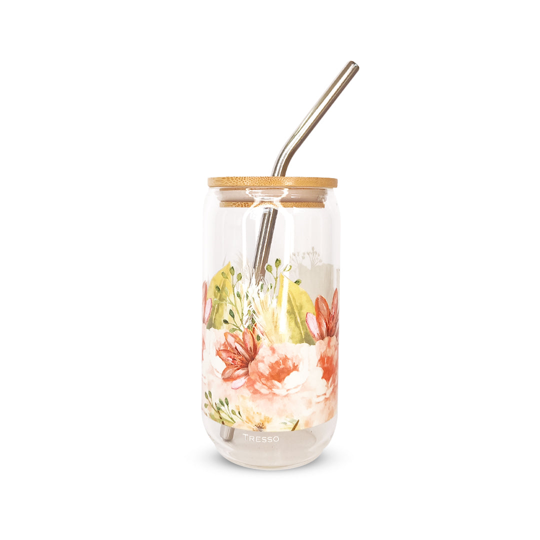 Vaso de cristal sublimado con diferentes diseños florales 320 ml con popote
