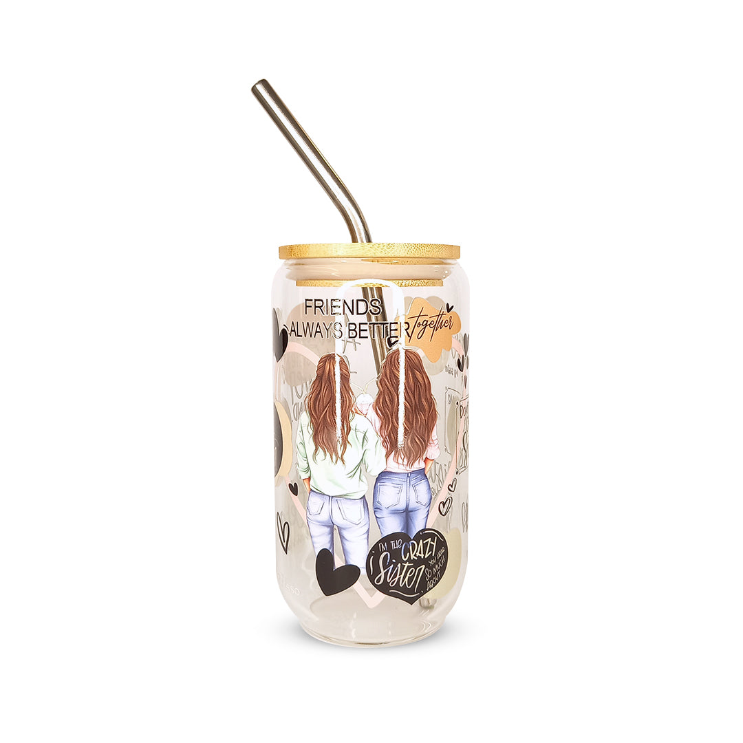 Vaso de cristal sublimado con diseño de amistad 320 ml con popote