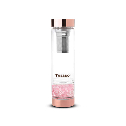 Double wall glass bottle with tea filter and decorative pink quartz 300 ml