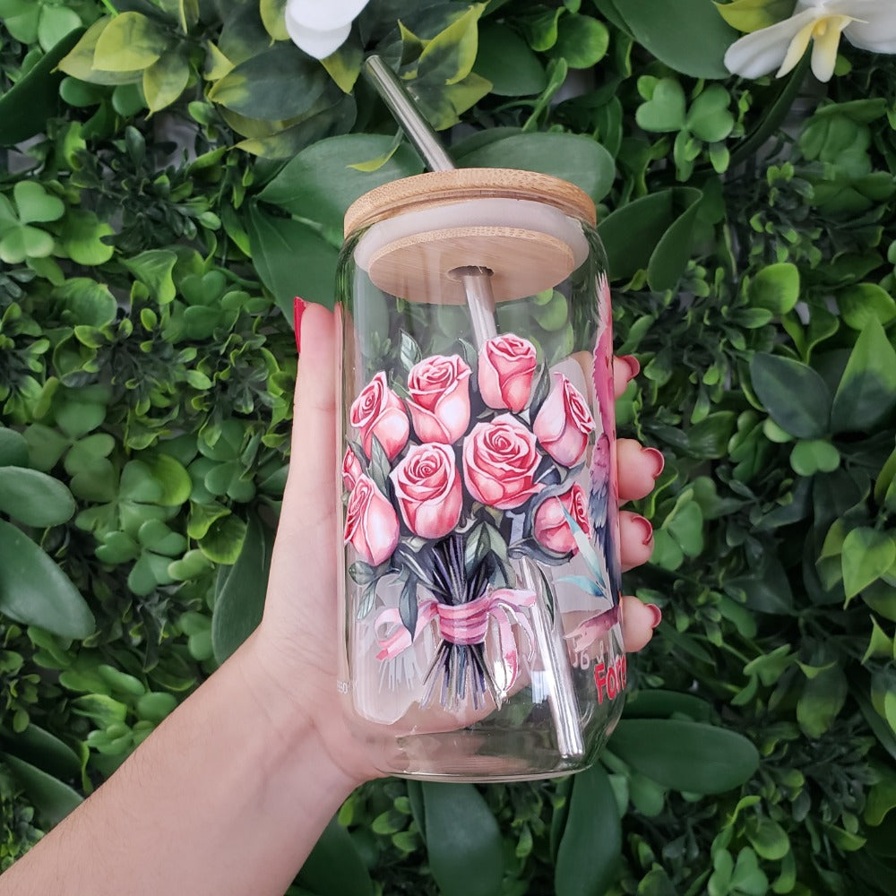 Vaso de cristal sublimado diferentes diseños de amor 320 ml con popote