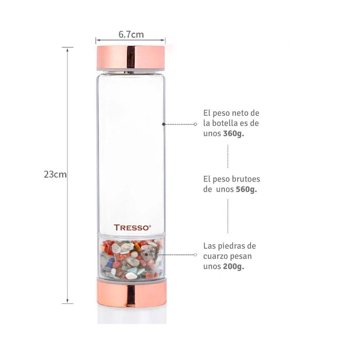 Botella de vidrio doble pared con filtro para té y cuarzos decorativos 300 ml - TRESSO®