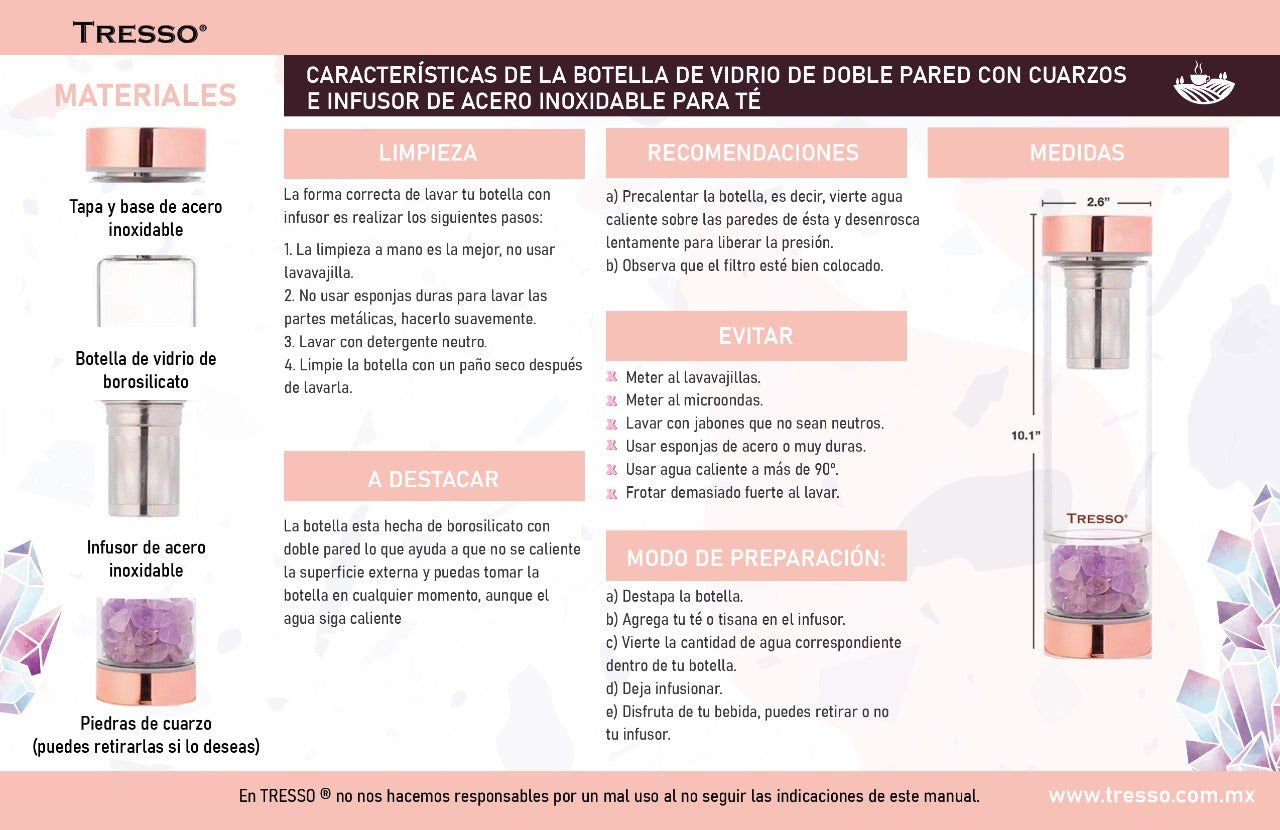 Botella de vidrio doble pared con filtro para té y cuarzos decorativos 300 ml - TRESSO®