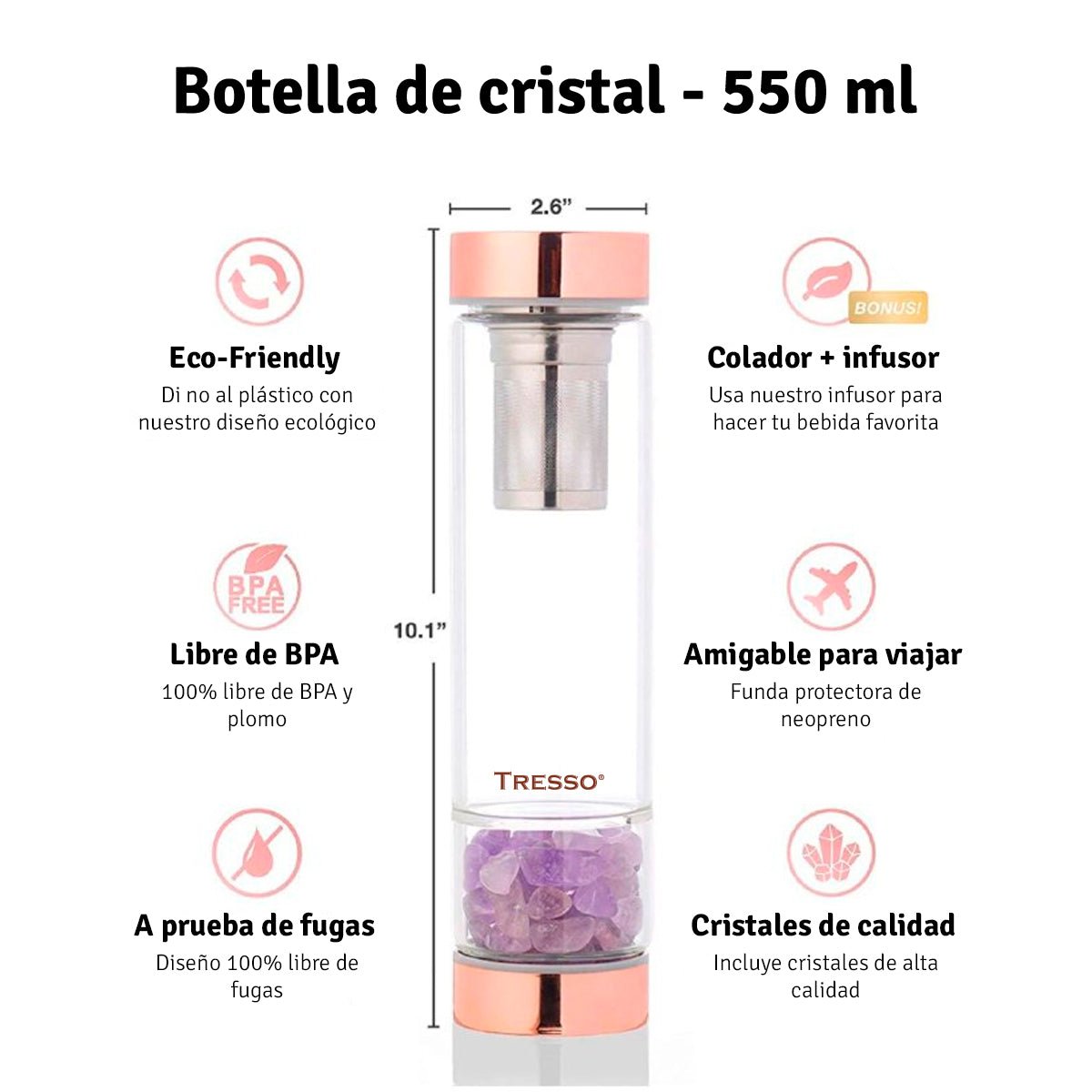 Botella de vidrio doble pared con filtro para té y cuarzos decorativos 300 ml - TRESSO®