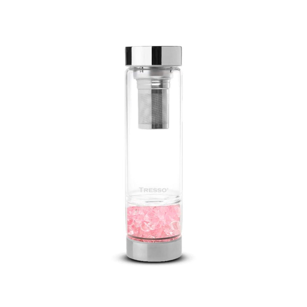 Botella de vidrio doble pared con filtro para té y cuarzos decorativos 300 ml - TRESSO®