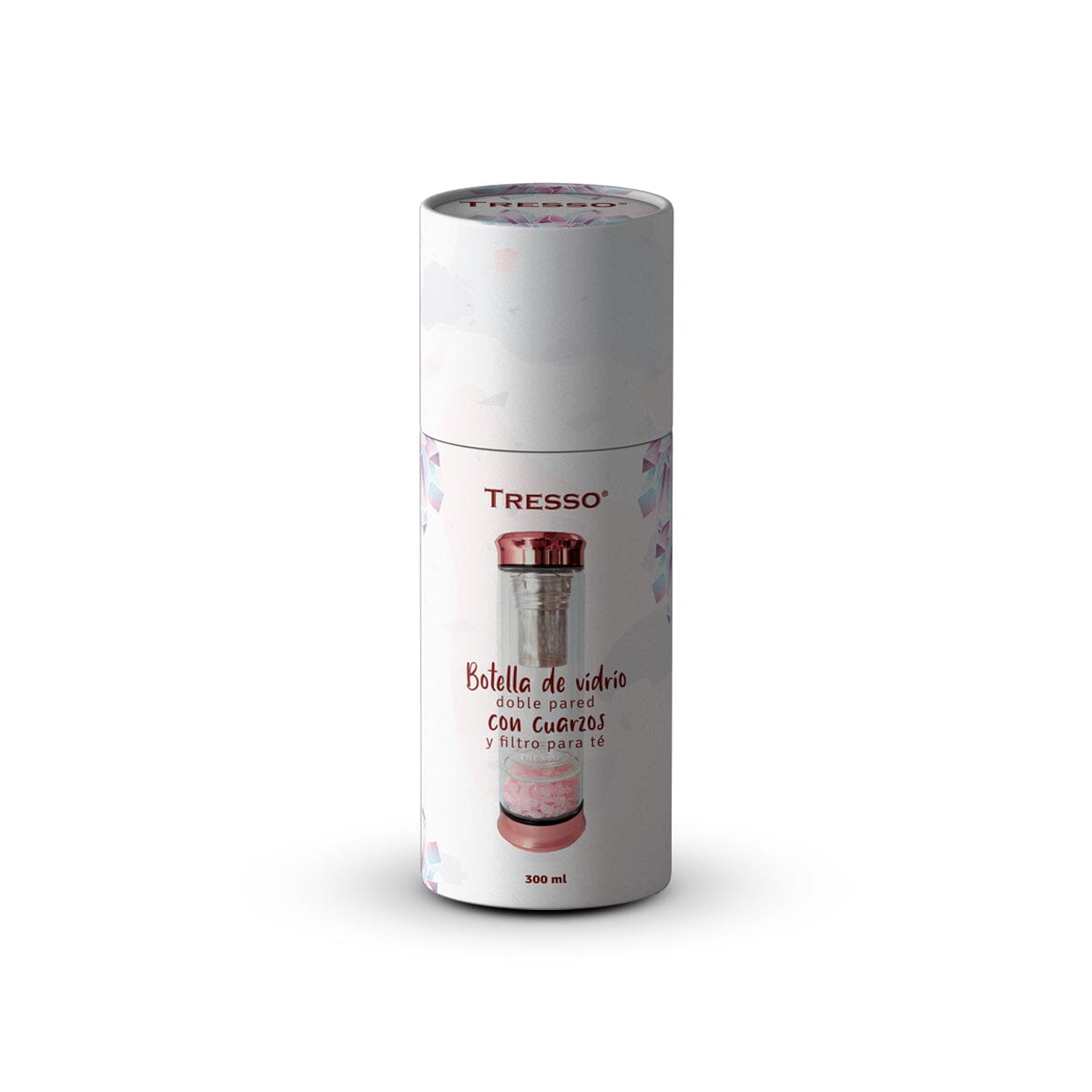 Botella de vidrio doble pared con filtro para té y cuarzos decorativos 300 ml - TRESSO®