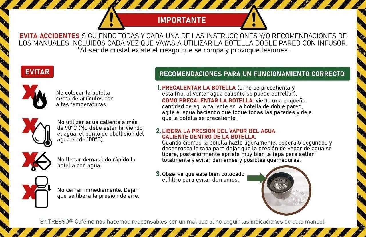 Botella de vidrio doble pared con filtro para té y cuarzos decorativos 300 ml - TRESSO®