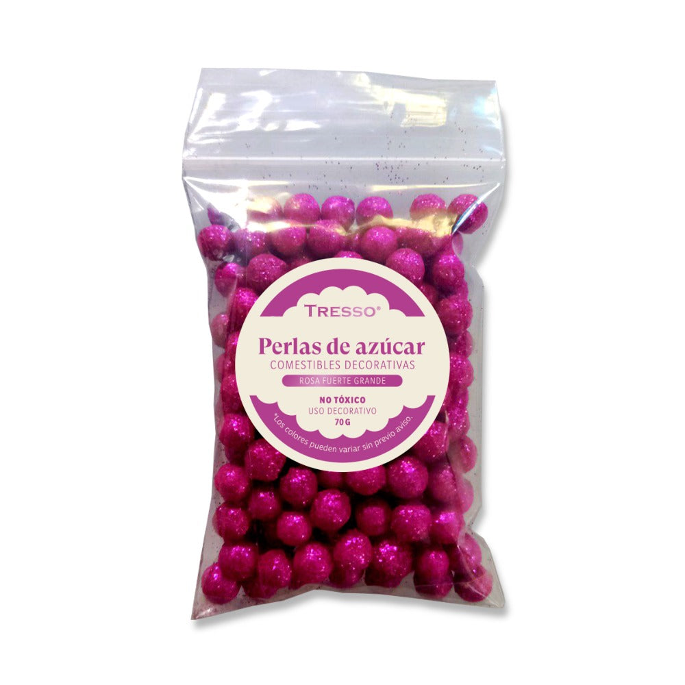 Perlas de azúcar comestibles decorativas grandes color rosa fuerte 70g