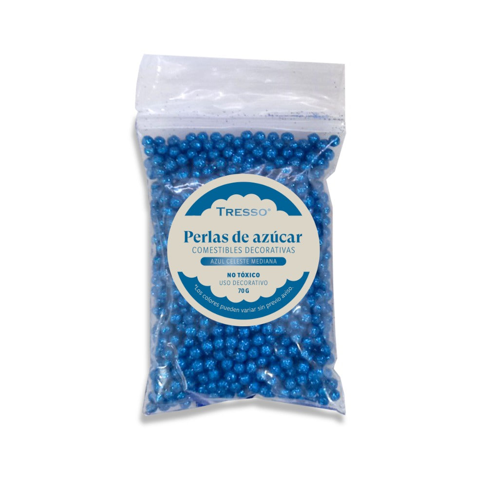 Perlas de azúcar comestibles decorativas medianas color azul celeste 70g