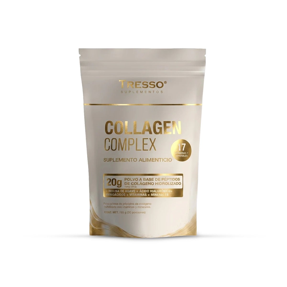 Collagen Complex: 20 g de Péptidos de Colágeno Hidrolizado Tipo I y III con 17 Vitaminas y Minerales - TRESSO®