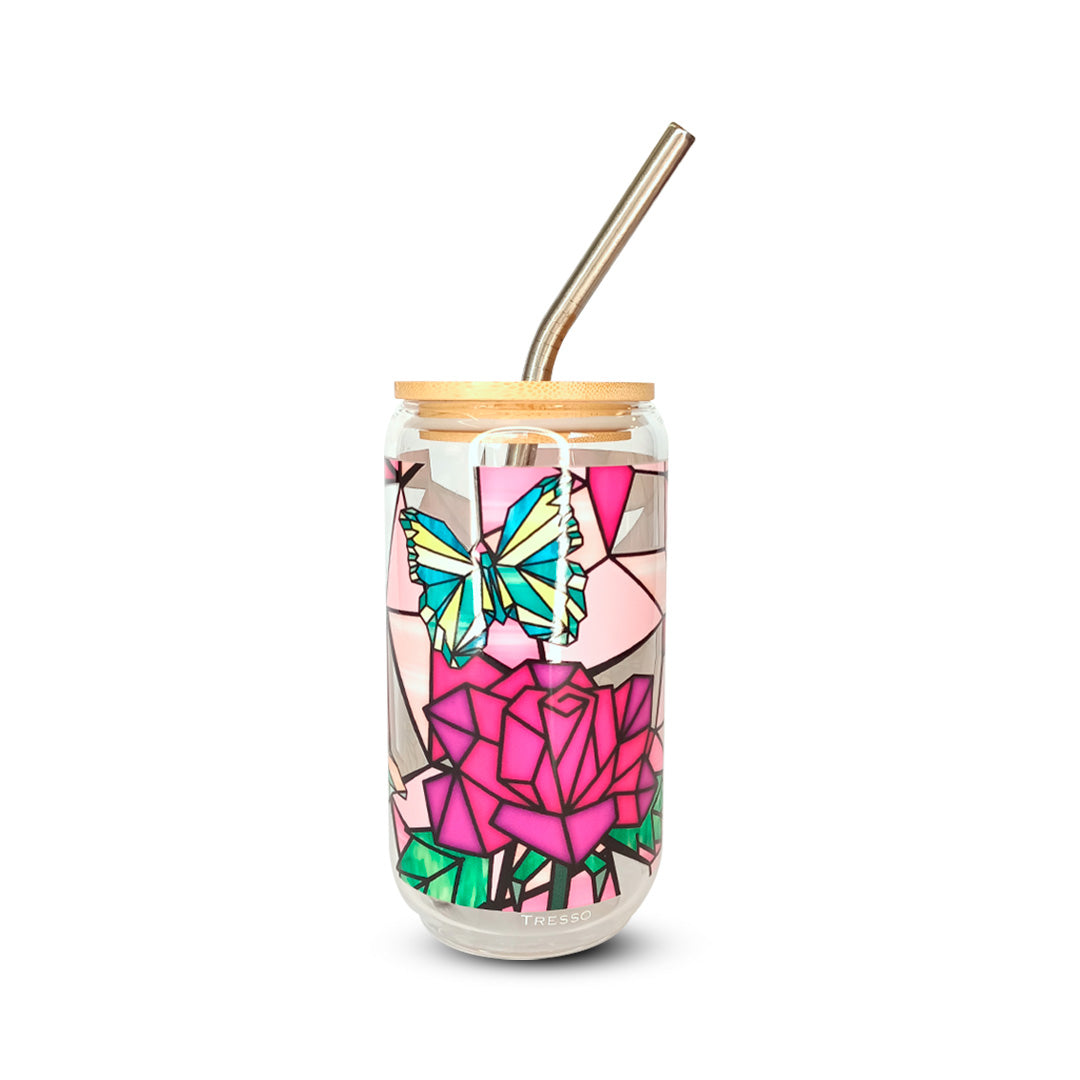 Vaso de cristal sublimado diferentes diseños de mariposas 320 ml con popote