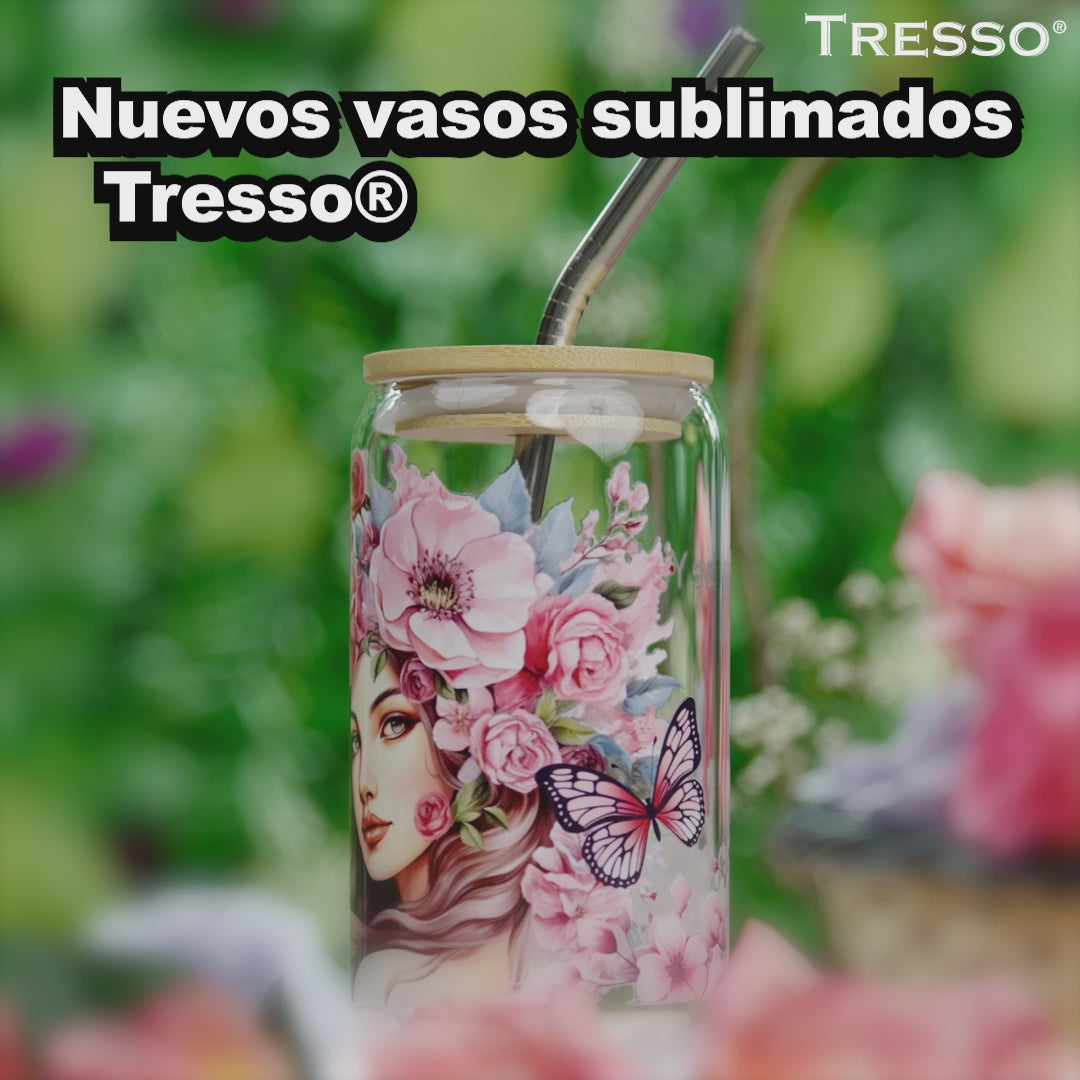 Vaso de cristal sublimado con diseño green living hojas 320 ml con popote