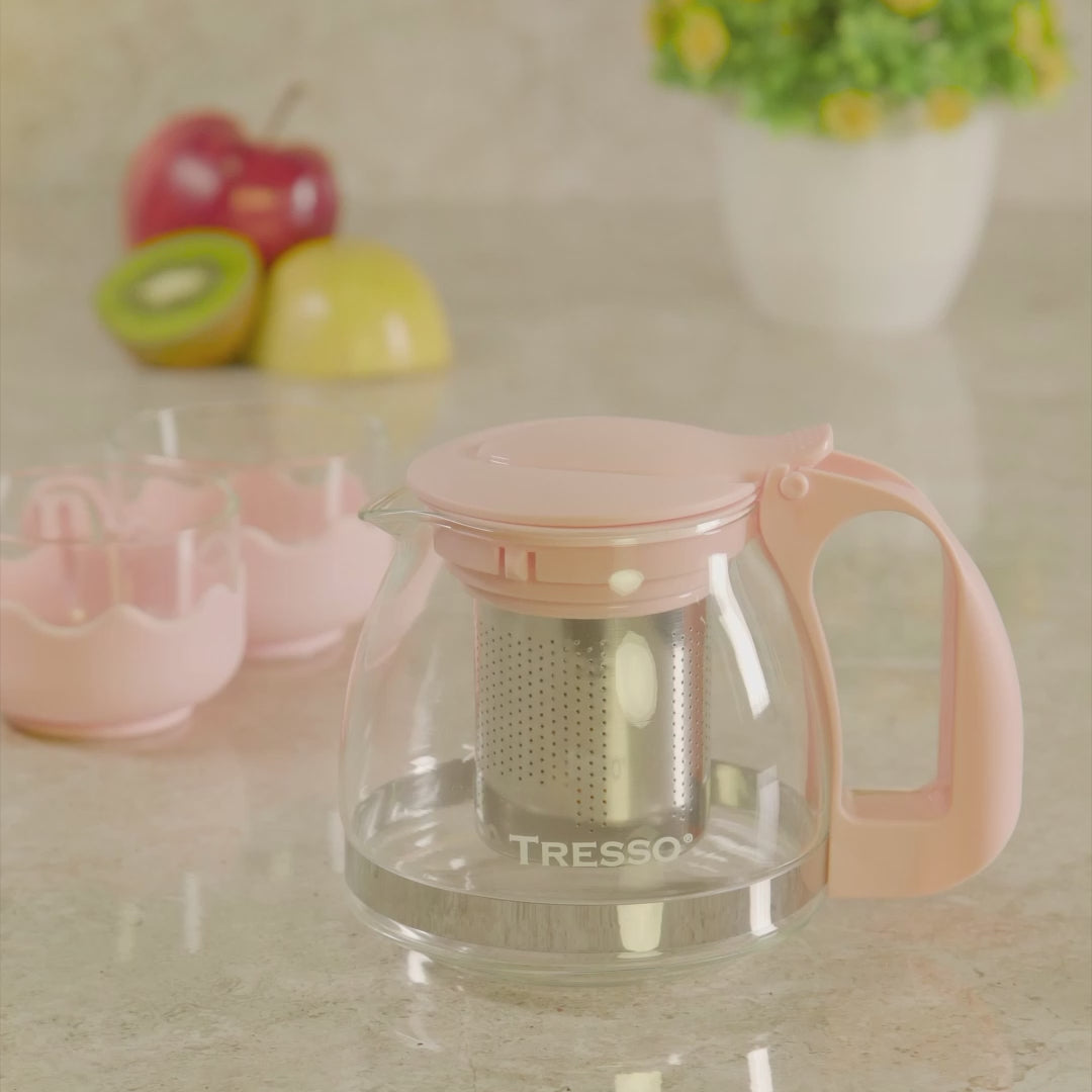 Glass Teapot Set with Two Pink Cups