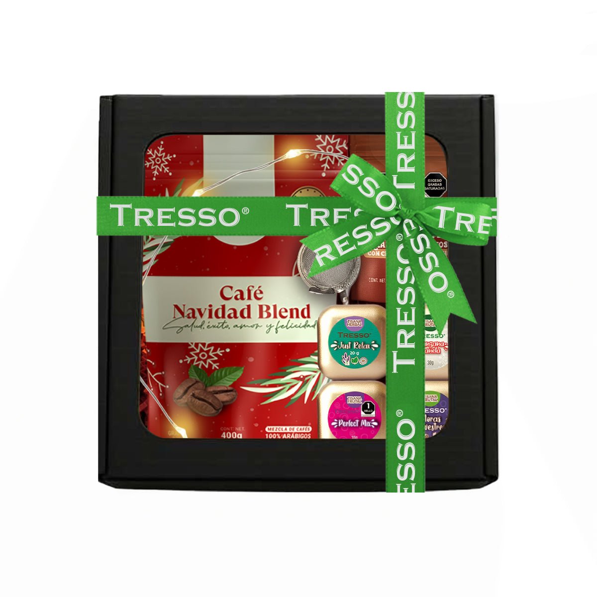 Regalo de café y tisanas con infusor + granos de cafe con chocolate con luces led - TRESSO®
