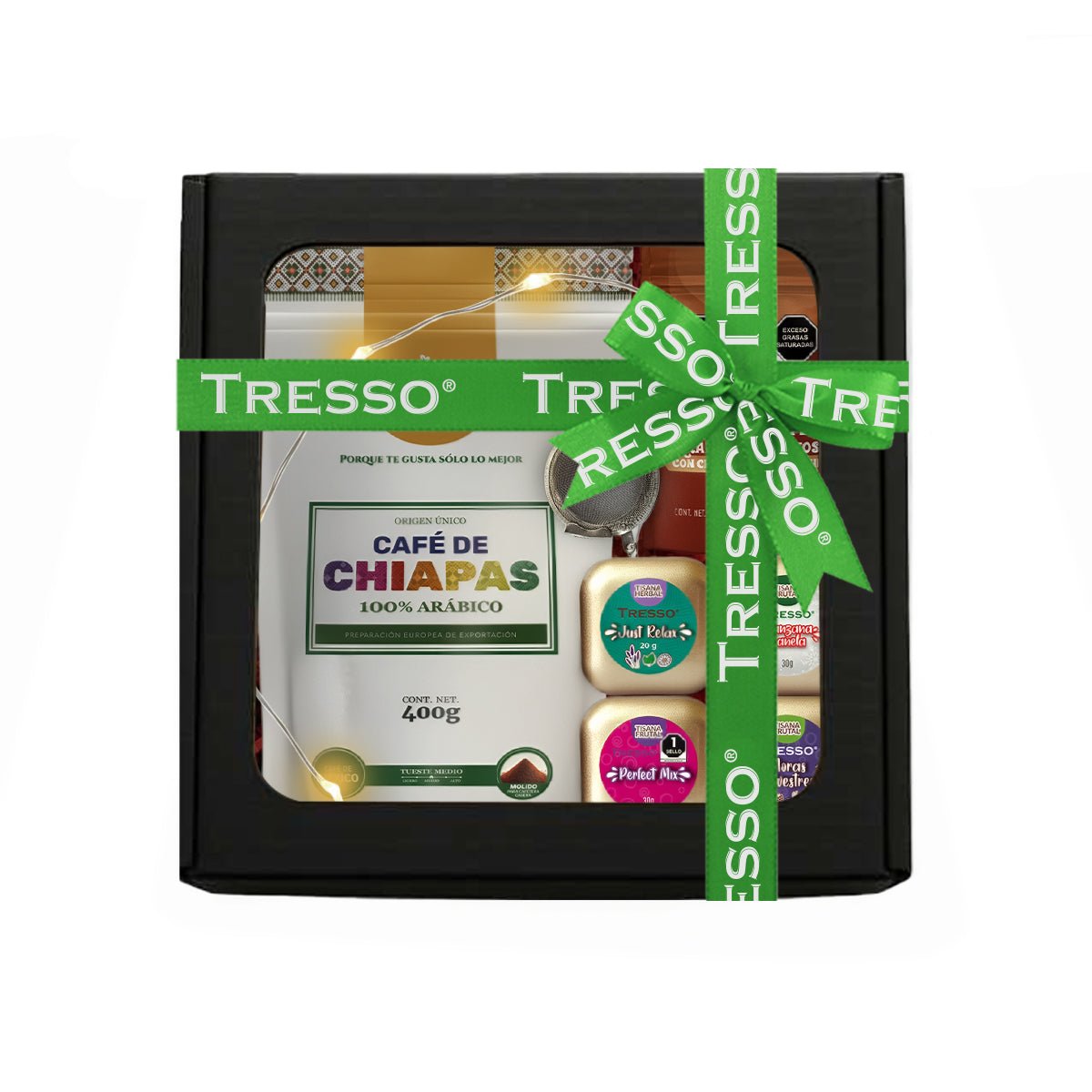 Regalo de café y tisanas con infusor + granos de cafe con chocolate con luces led - TRESSO®