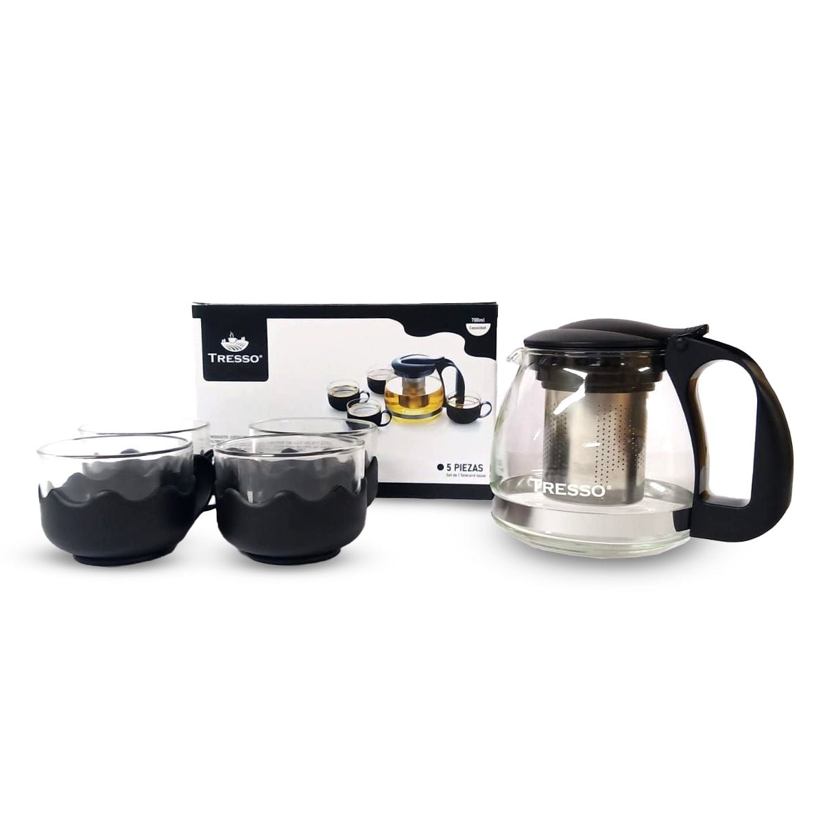 Set de Tetera de vidrio con Cuatro Tazas Color Negro - TRESSO®