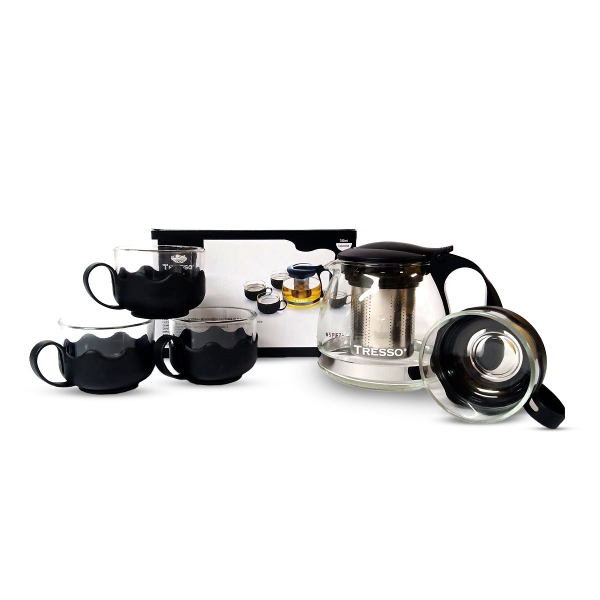 Set de Tetera de vidrio con Cuatro Tazas Color Negro - TRESSO®