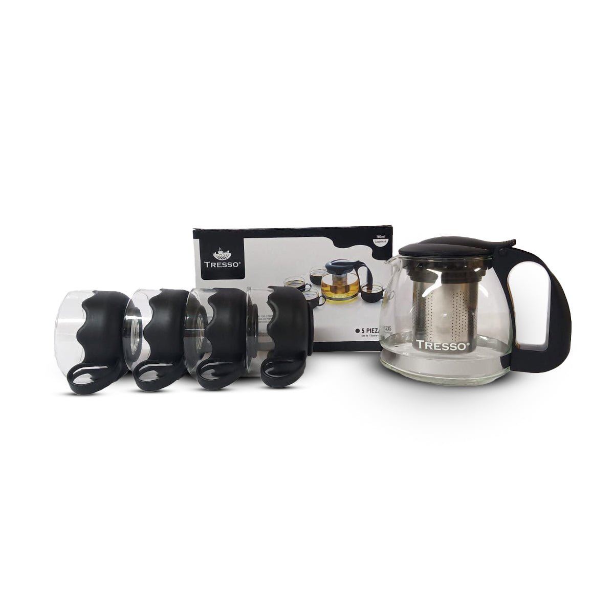 Set de Tetera de vidrio con Cuatro Tazas Color Negro - TRESSO®