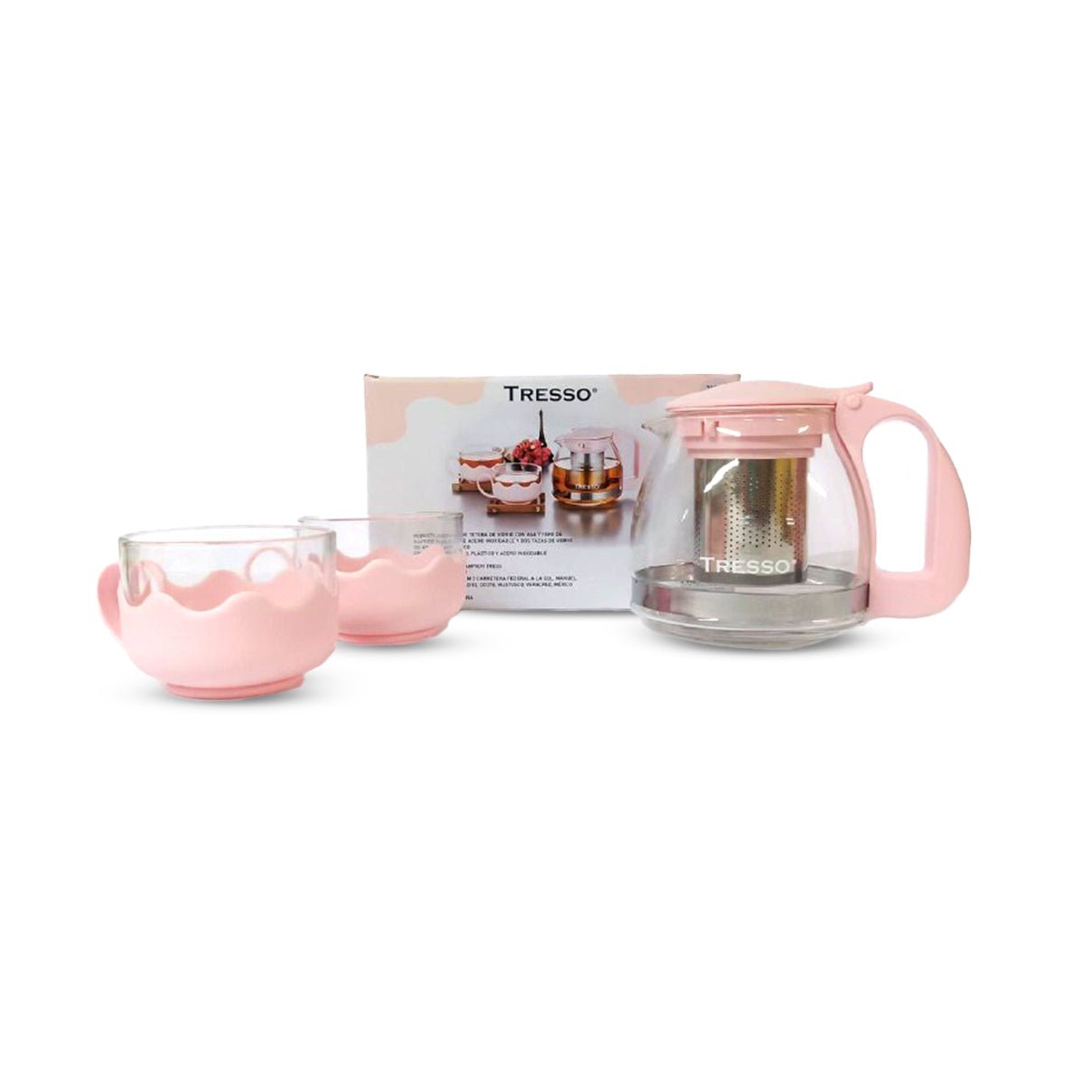 Set de Tetera de Vidrio con Dos Tazas Color Rosa - TRESSO®
