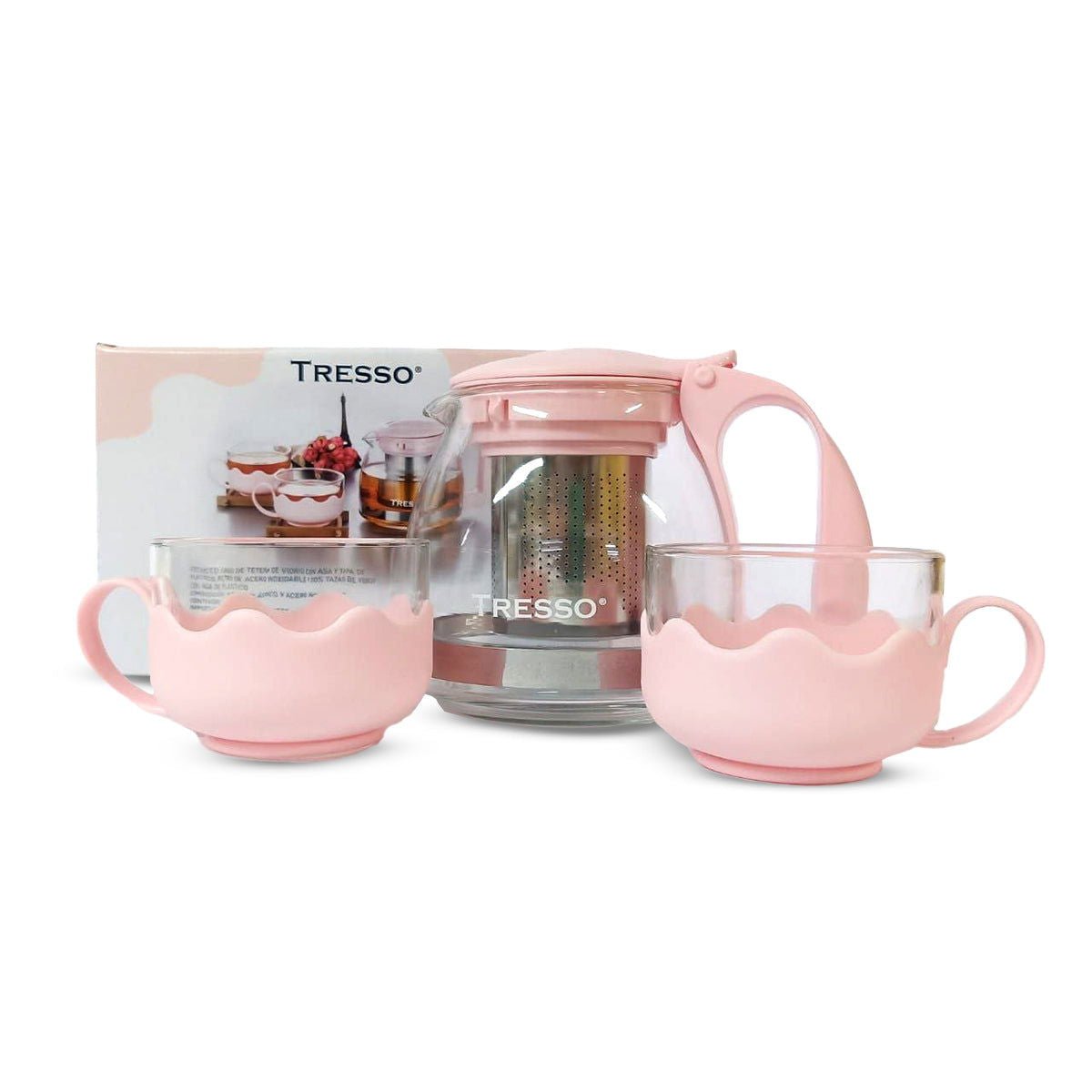Set de Tetera de Vidrio con Dos Tazas Color Rosa - TRESSO®