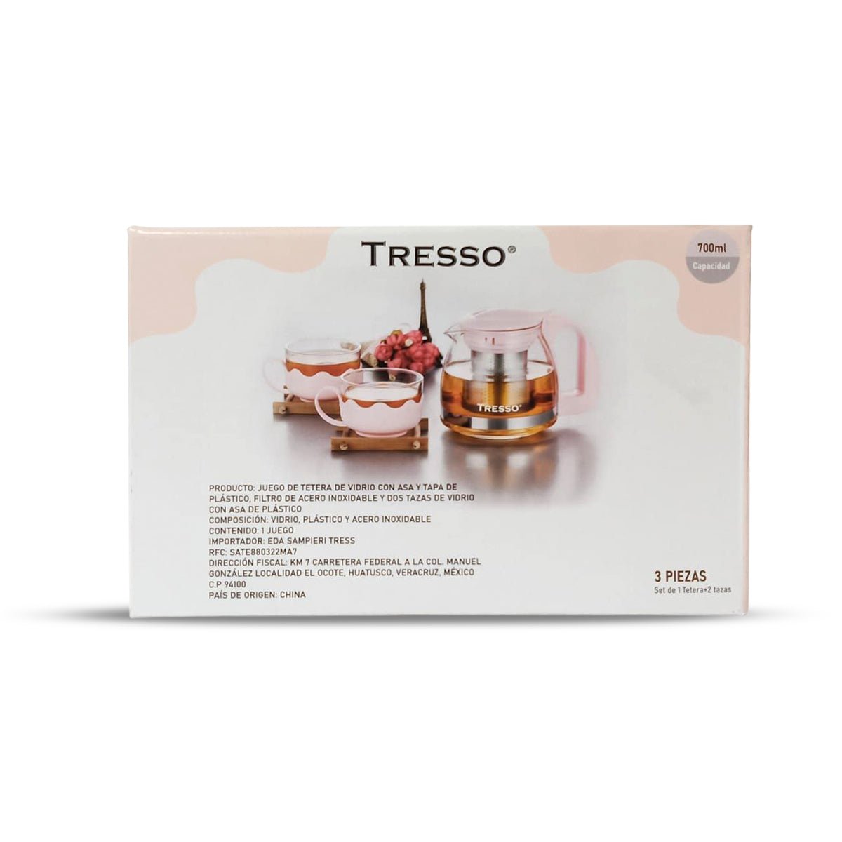 Set de Tetera de Vidrio con Dos Tazas Color Rosa - TRESSO®