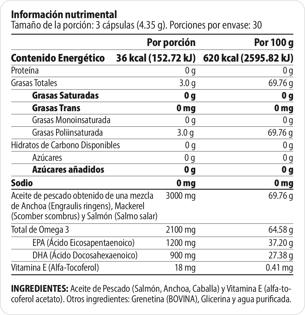 Omega-3 Concentración 3,000 mg de Salmón Salvaje, Anchoa y Mackerel - 90 Cápsulas
