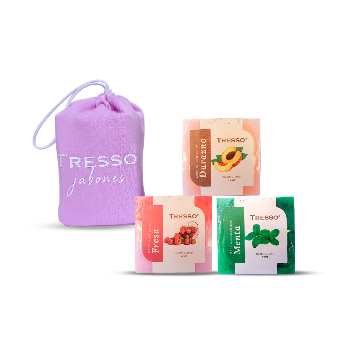Jabones de aceite esencial 3 pack TRESSO® Fresa/Menta/Durazno 