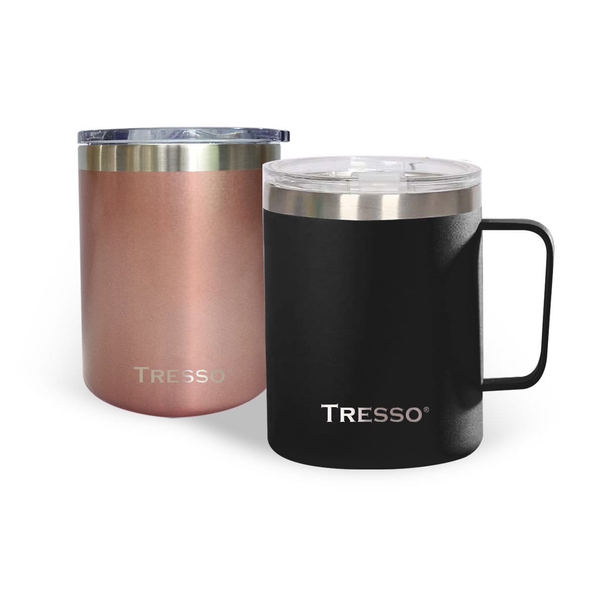 Set de 2 Tazas de Acero Inoxidable con Tapa Accesorios Café TRESSO® Negro/Rosa Metalizado NO Grande