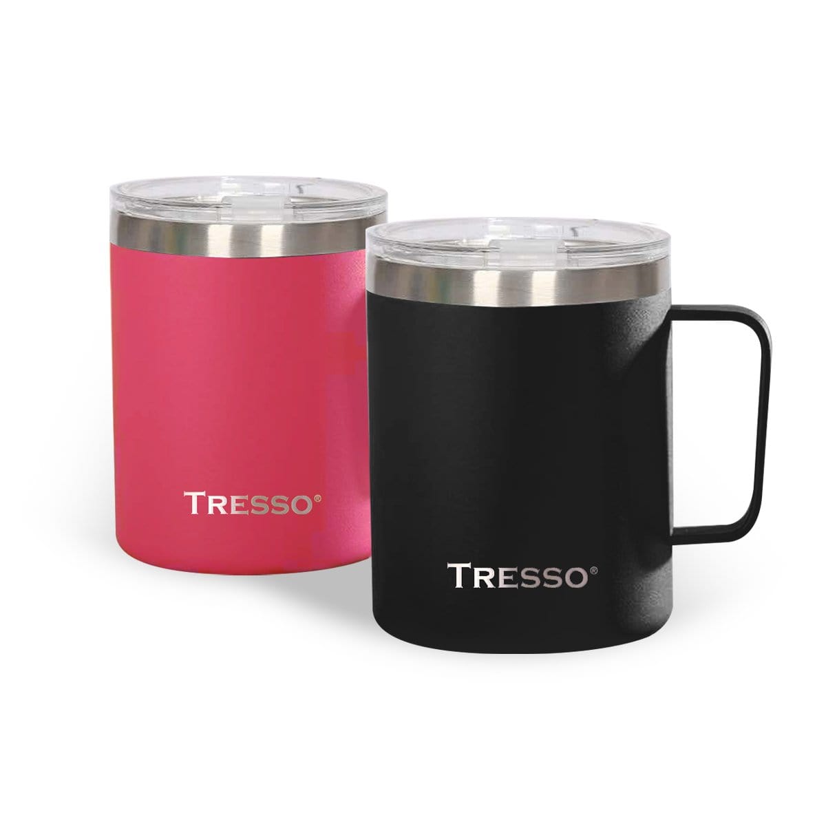 Set de 2 Tazas de Acero Inoxidable con Tapa Accesorios Café TRESSO® Negro/Rosa Mexicano NO Grande
