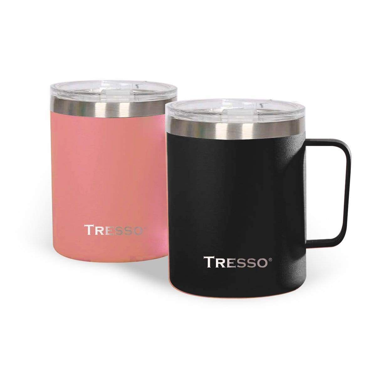 Set de 2 Tazas de Acero Inoxidable con Tapa Accesorios Café TRESSO® Negro/Rosa NO Grande