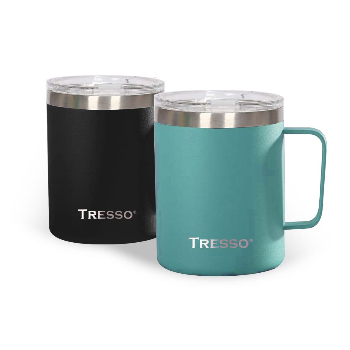 Set de 2 Tazas de Acero Inoxidable con Tapa Accesorios Café TRESSO® Negro/Turquesa NO Grande