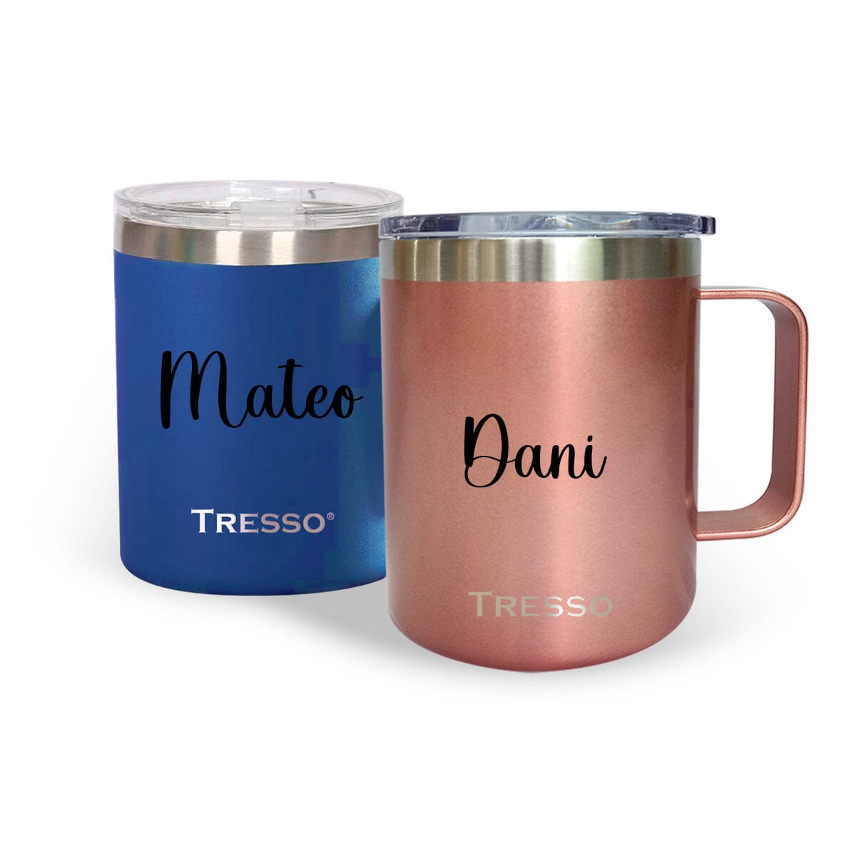 Set de 2 Tazas de Acero Inoxidable con Tapa Accesorios Café TRESSO® Rosa Metalizado-Azul SI 
