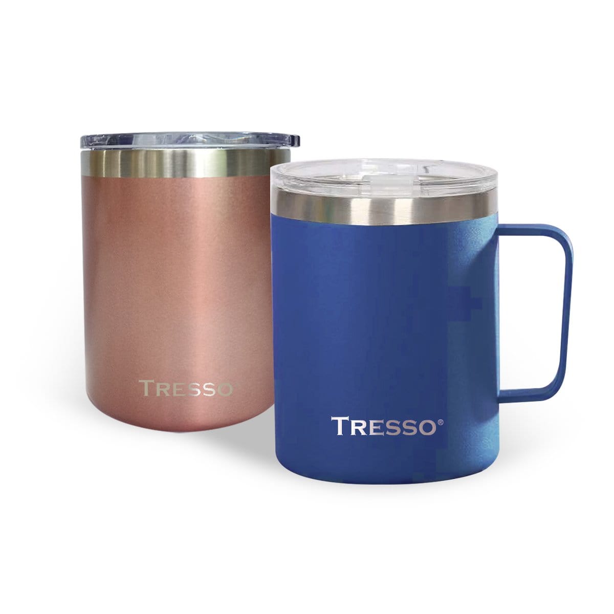Set de 2 Tazas de Acero Inoxidable con Tapa Accesorios Café TRESSO® Rosa Metalizado/Azul NO Grande
