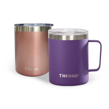 Set de 2 Tazas de Acero Inoxidable con Tapa Accesorios Café TRESSO® Rosa Metalizado/Morado NO Grande