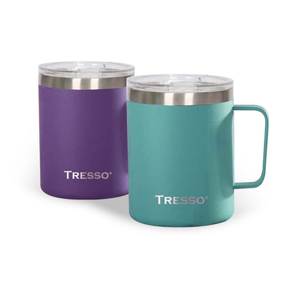 Set de 2 Tazas de Acero Inoxidable con Tapa Accesorios Café TRESSO® Turquesa/Morado NO Grande