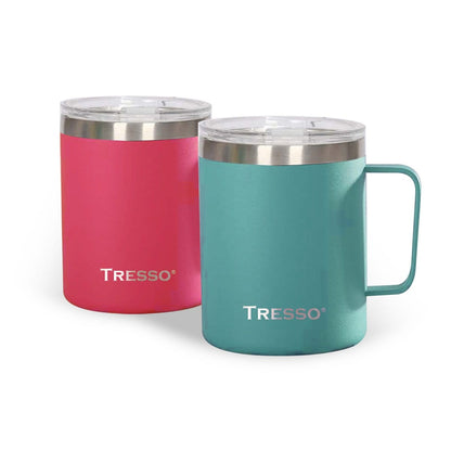 Set de 2 Tazas de Acero Inoxidable con Tapa Accesorios Café TRESSO® Turquesa/Rosa Mexicano NO Grande