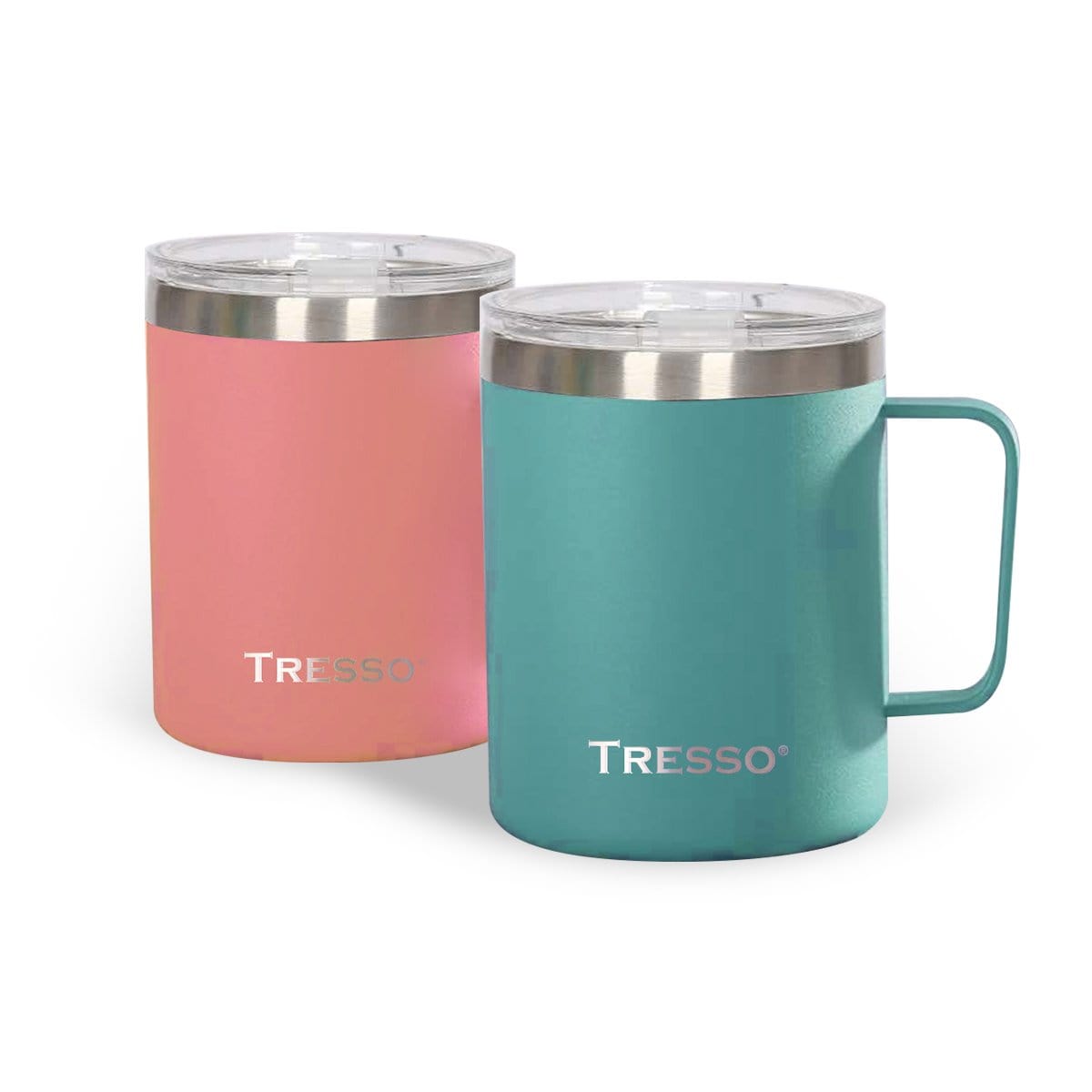 Set de 2 Tazas de Acero Inoxidable con Tapa Accesorios Café TRESSO® Turquesa/Rosa NO Grande