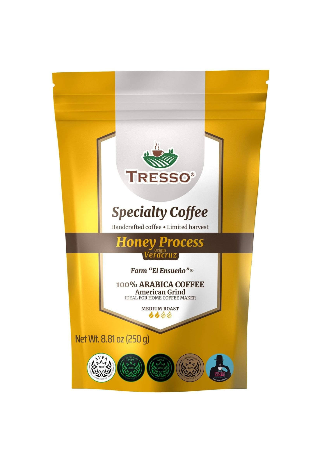 &quot;TRESSO Specialty Coffee, Limited Harvest, Honey Process and Handcrafted Coffee, Medium Roast, American Grind, 8.81Oz&quot; TRESSO® American grinder for home coffee maker/8.8 Oz 