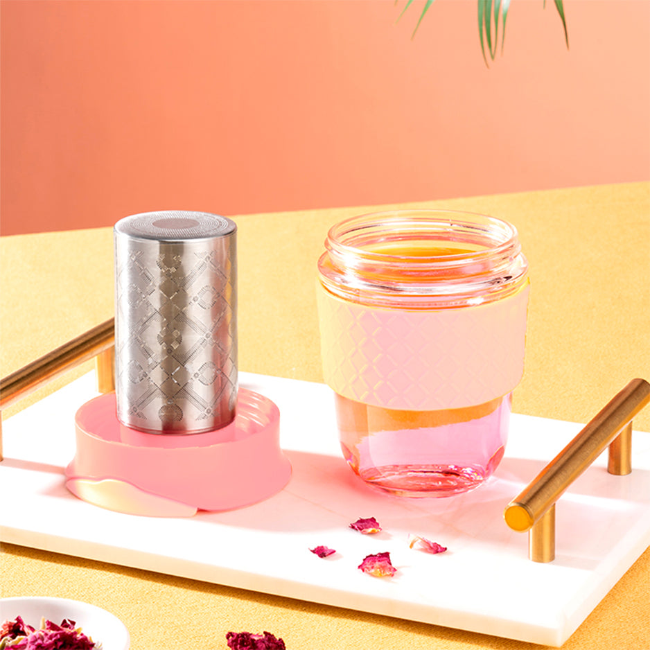 Vaso de vidrio con infusor para preparar café y té TRESSO® Rosa 